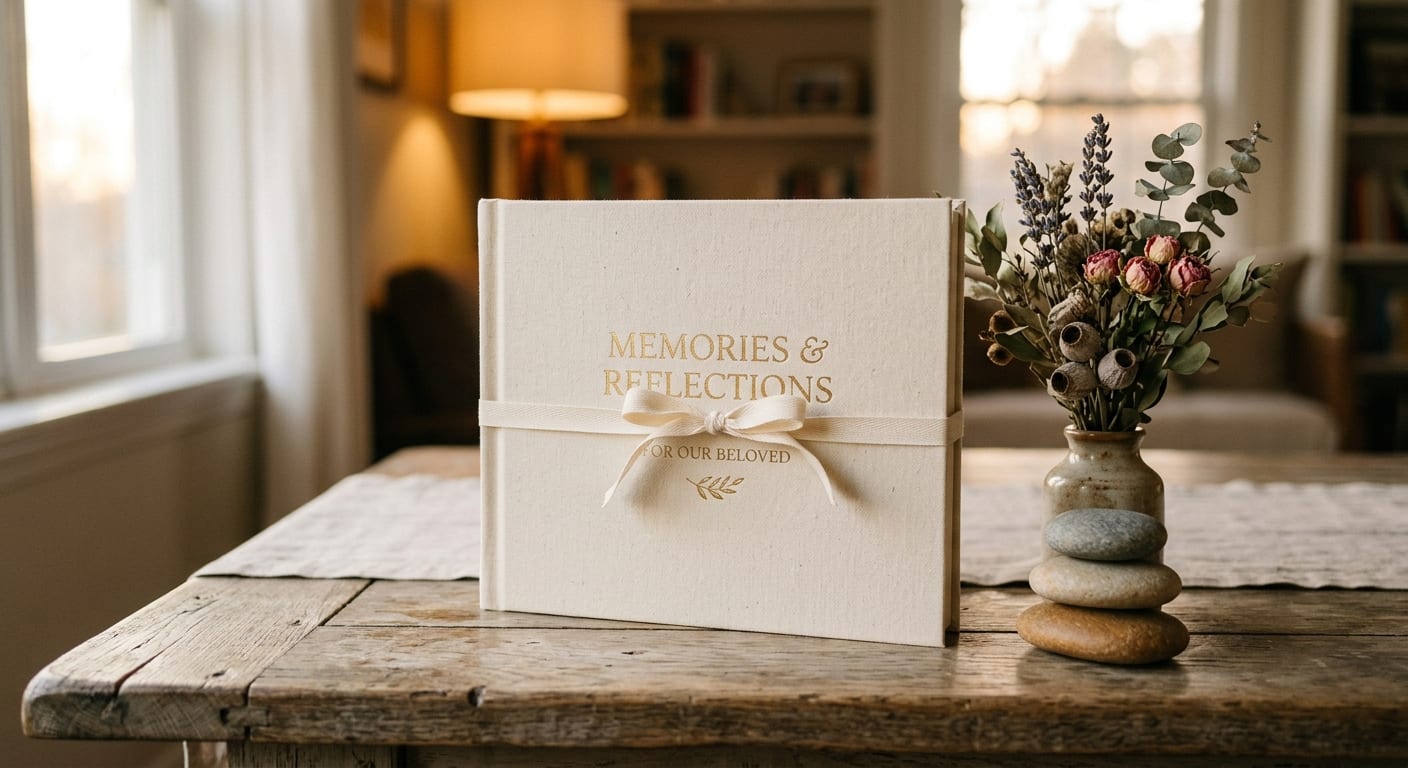 A linen memorial book on a table beside dried flowers and stacked stones