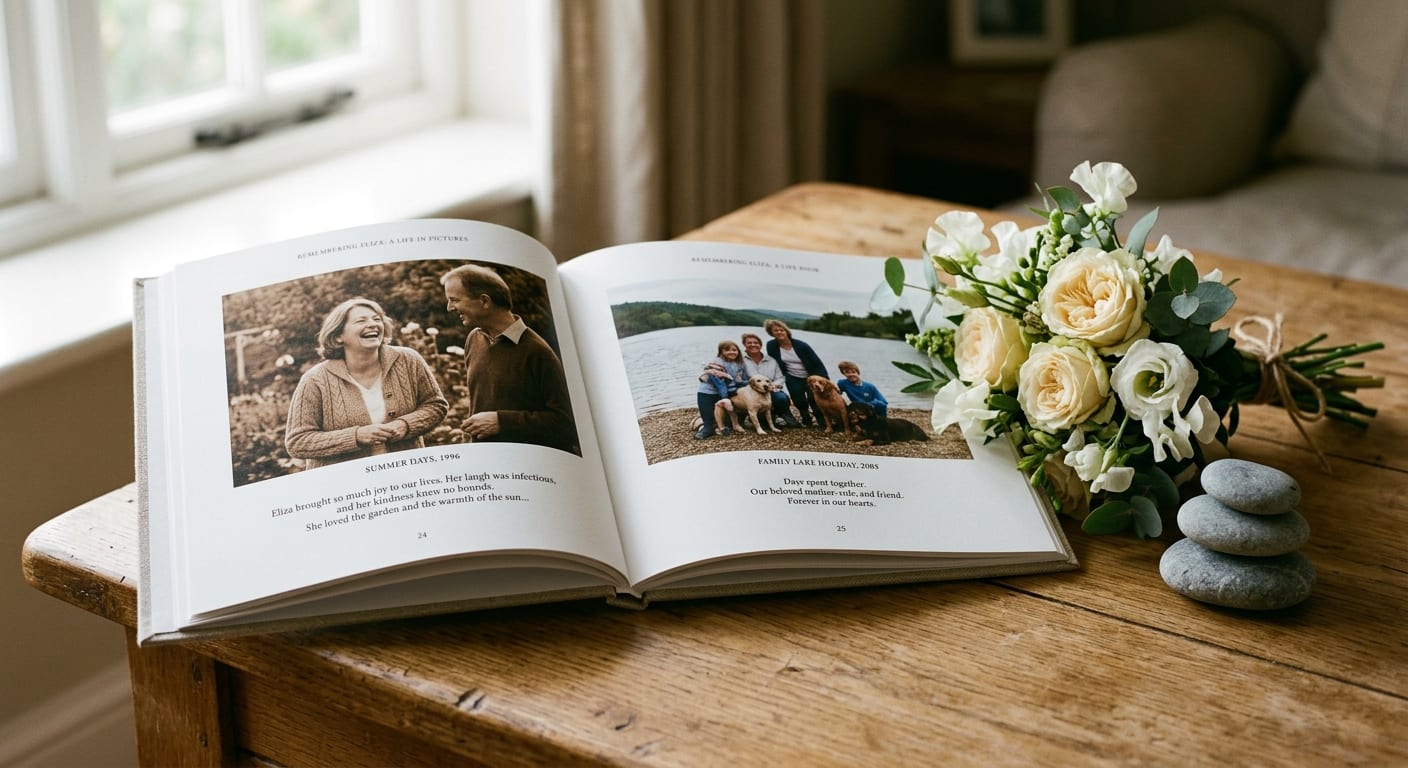 An open book of memories on a table beside flowers and a small stack of stones