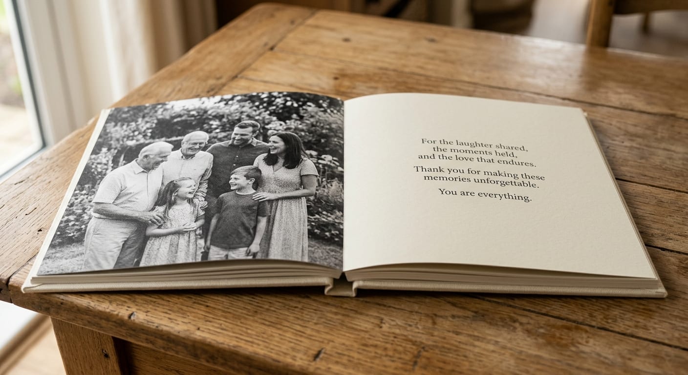 An open memorial book showing a photograph and a short printed tribute