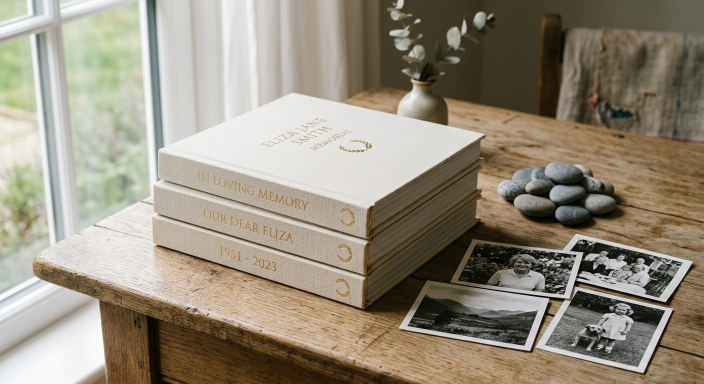 Loose black and white photographs on a wooden table beside a stack of books