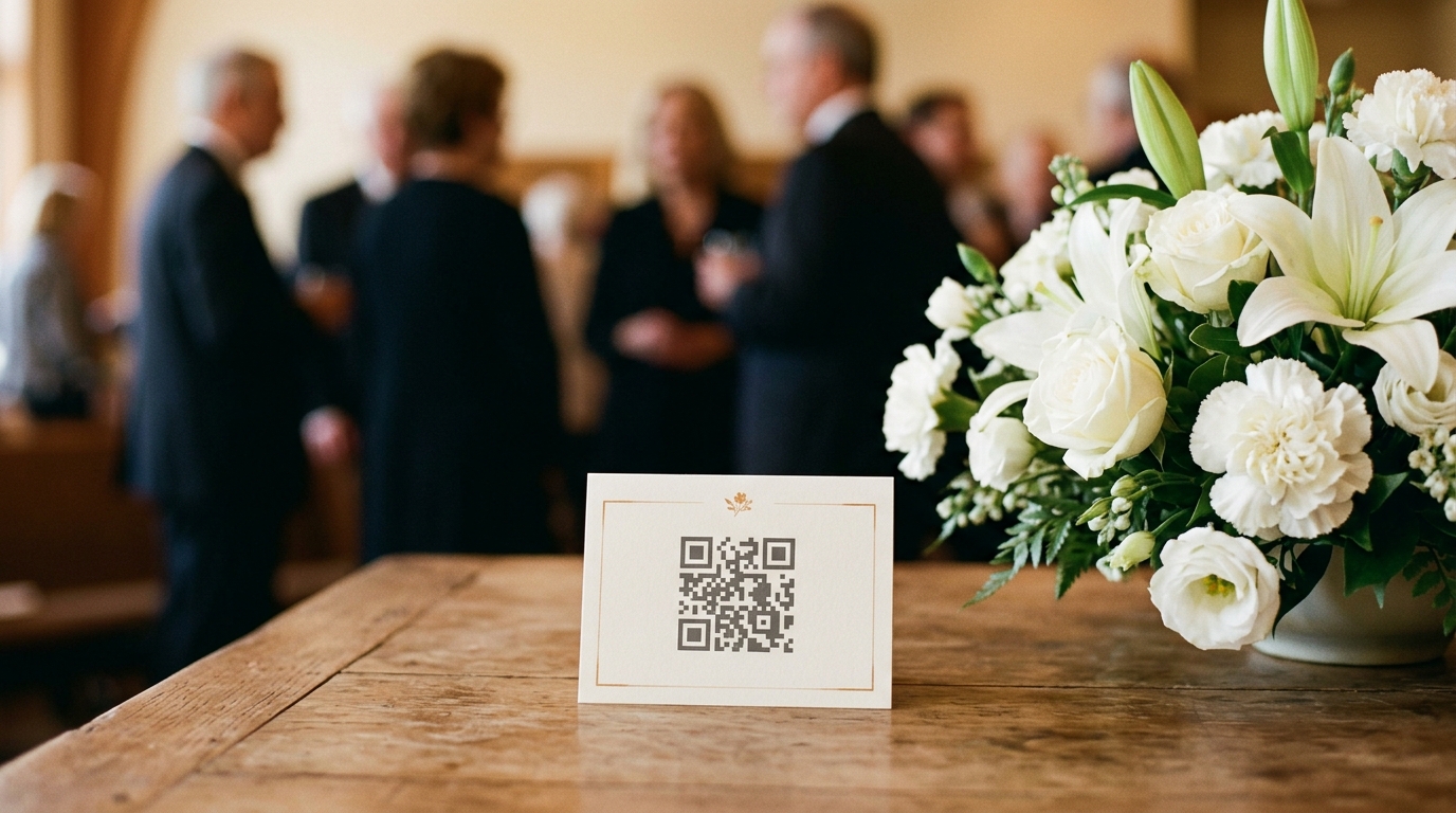 A QR code card beside flowers at a funeral wake